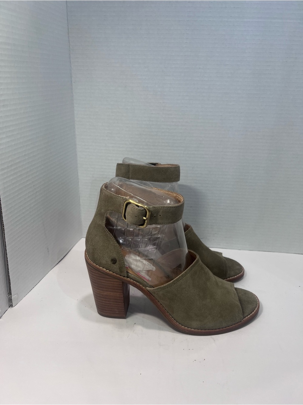 UGG Olive Green Suede Open-Toe Block Heel Sandals with Ankle Buckle